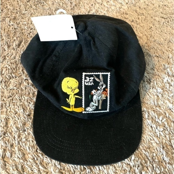 New Vintage Looney Tunes Stamp Collection Tweety Bird Bugs Bunny Cap Black - Picture 2 of 6